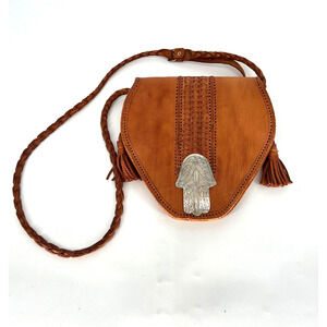 Vtg Four Winds Leather Crossbody Brown‎ Boho Hamsa Concho Morocco Braided Hippie
